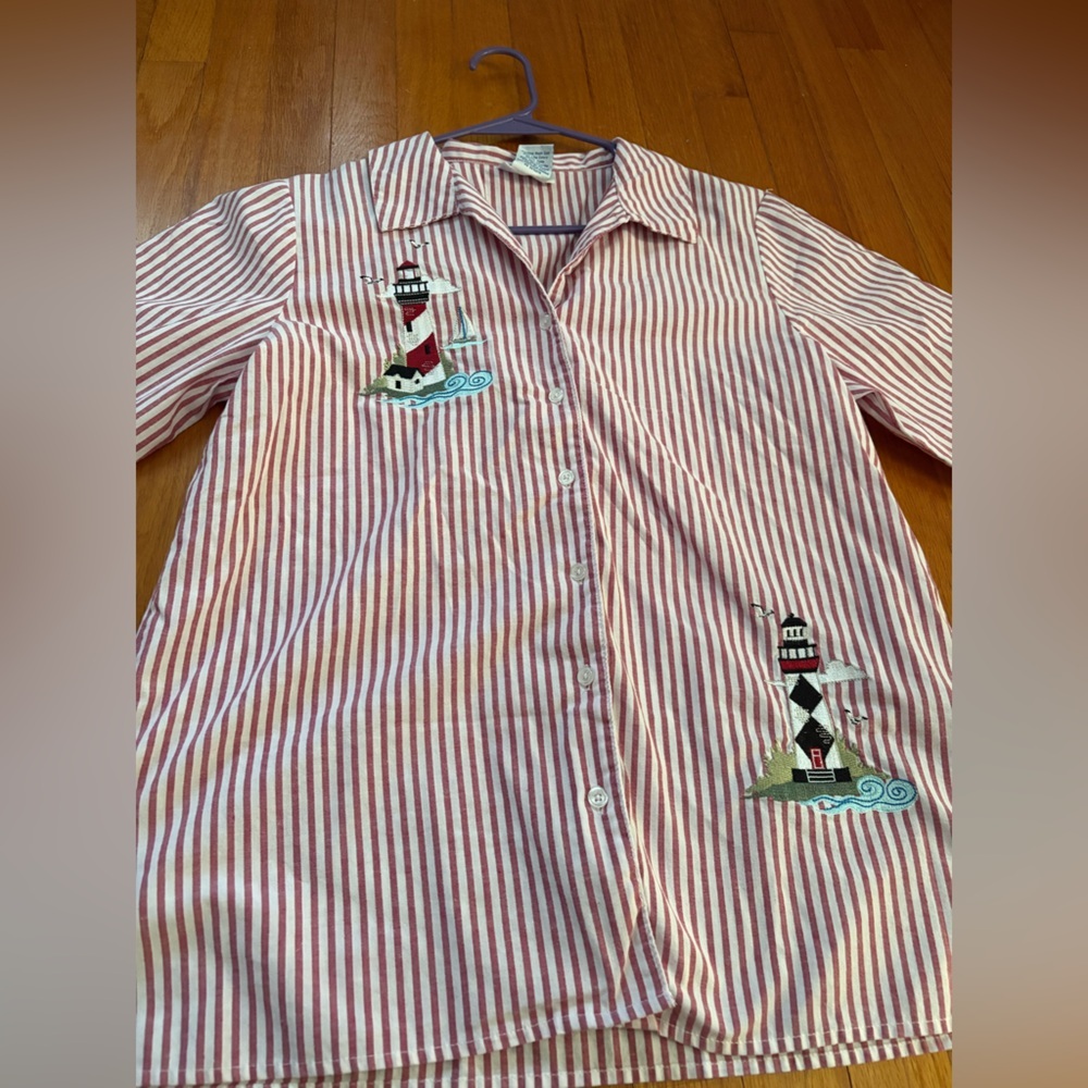 Coastal grandma nautical lighthouse button up striped top Blair medium - Picture 6 of 10